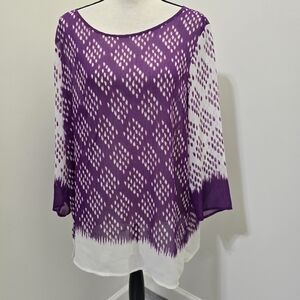 ANN‎ TAYLOR size XL Semi Sheer Geo Tribal Print 3/4 Sleeve Blouse Flowy Purple